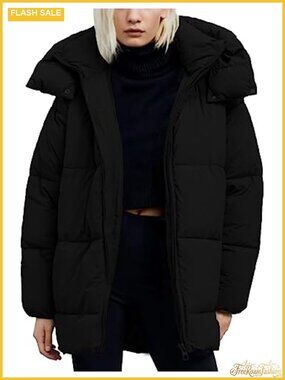 Women's Mid-Length Hooded Puffer Jacket Full Zip Winter Coat